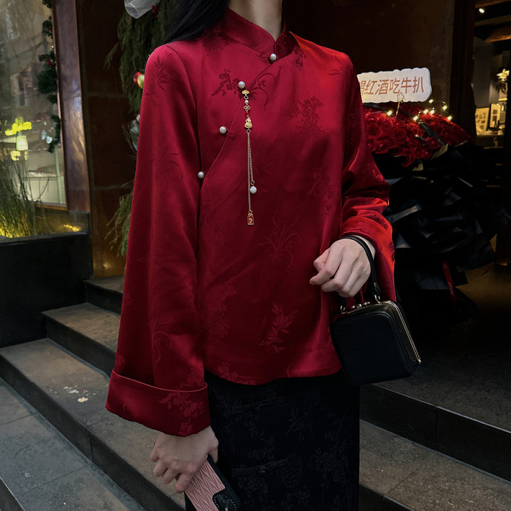 Red acetate jacquard Chinese style tops for women original design fashionable national trend retro improved new Chinese style buttoned shirt image 15