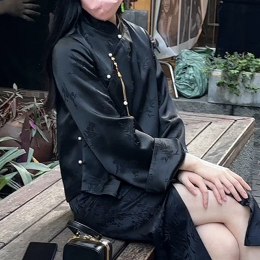 Red acetate jacquard Chinese style tops for women original design fashionable national trend retro improved new Chinese style buttoned shirt image 20