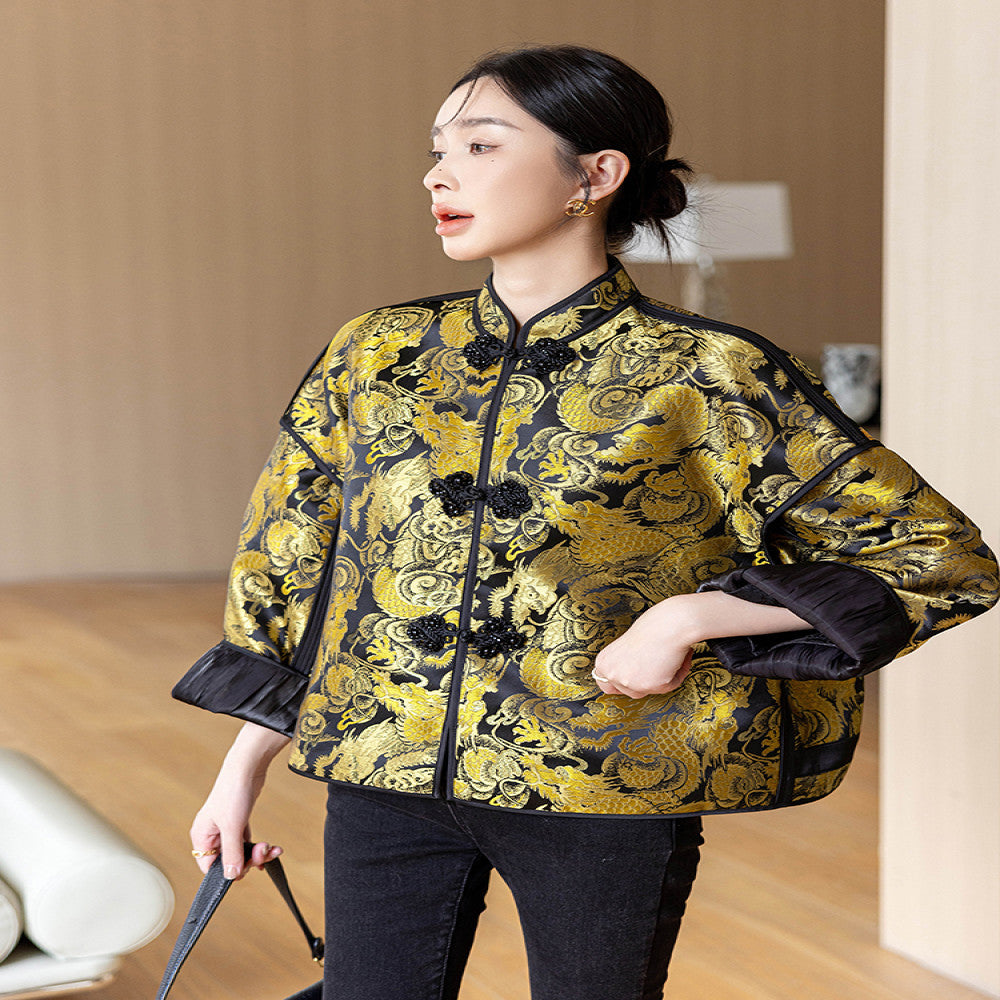 High grade golden retro national style short jacket for women in autumn 2025 new style for small size new Chinese style buttoned tops image 2