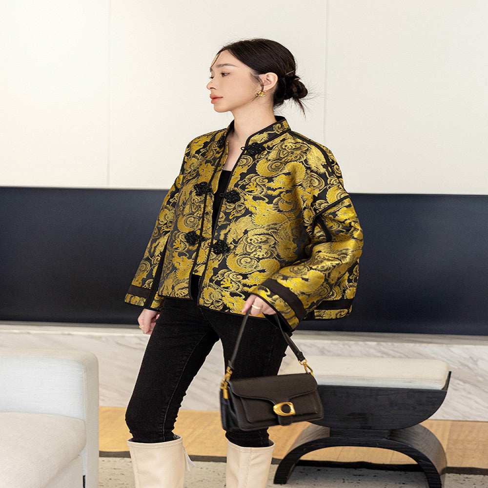 High grade golden retro national style short jacket for women in autumn 2025 new style for small size new Chinese style buttoned tops image 3