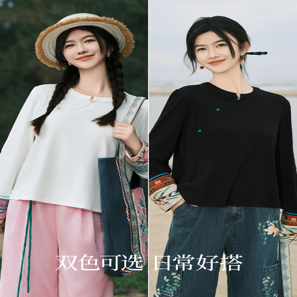 SOLO Original SOLO Guanyin Swallow Spring Loose Long Sleeve Top National Trend Embroidered T shirt image 2