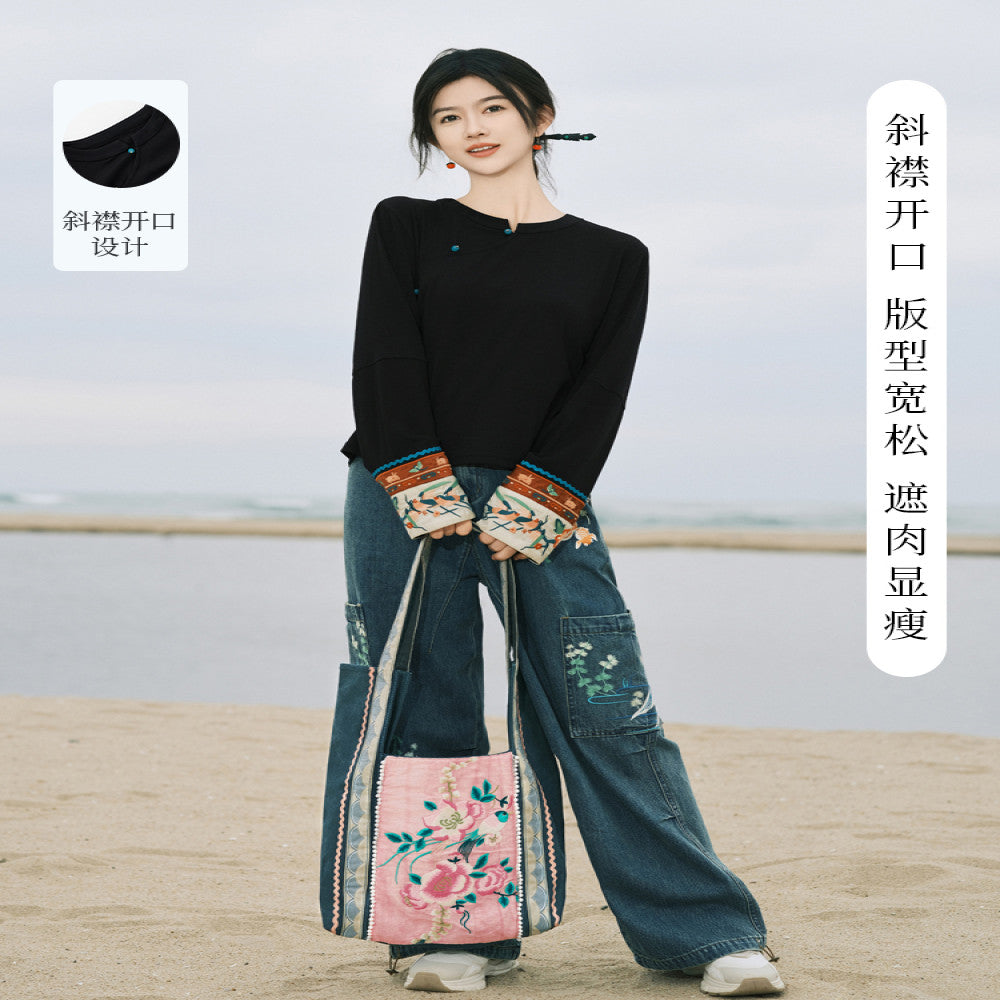 SOLO Original SOLO Guanyin Swallow Spring Loose Long Sleeve Top National Trend Embroidered T shirt image 3