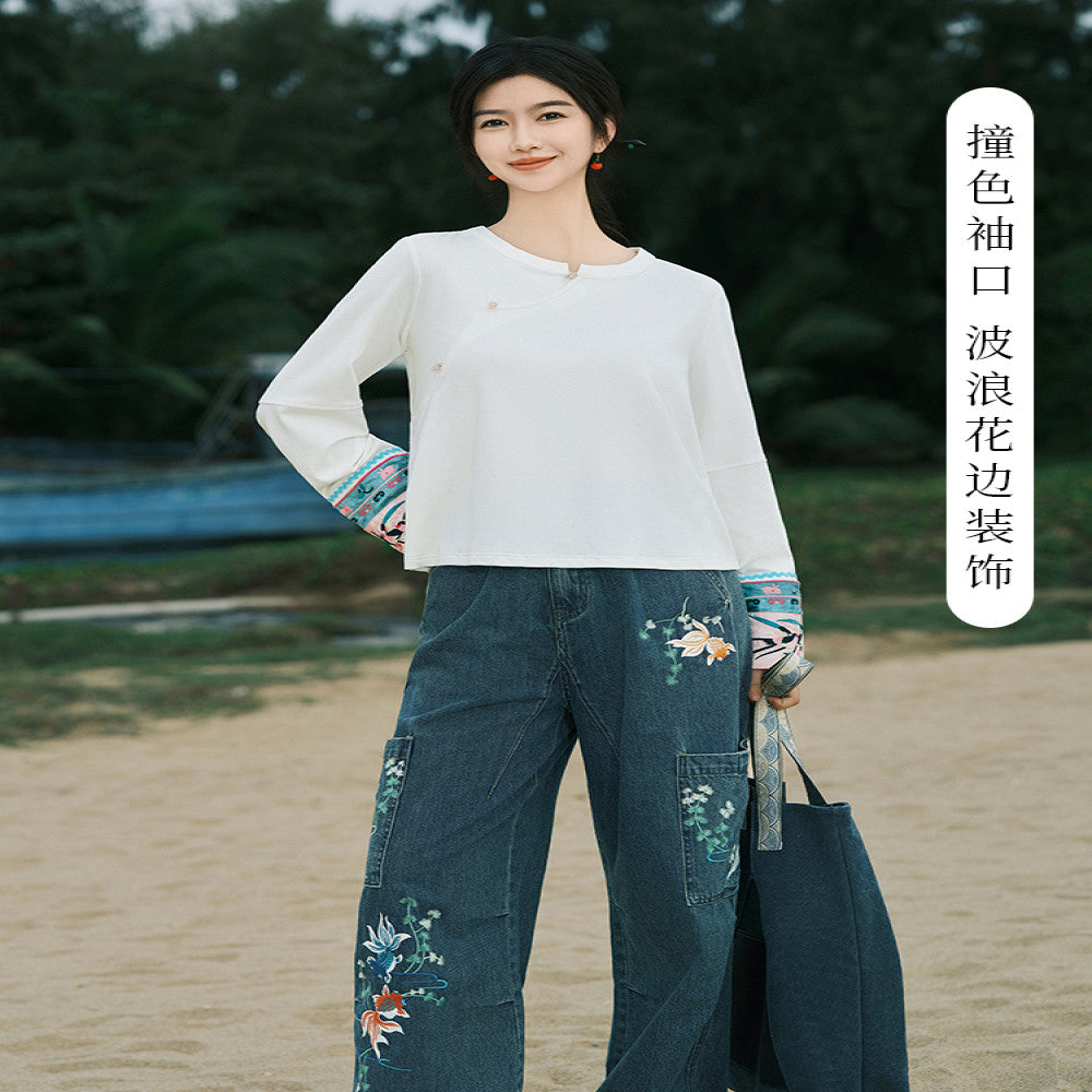 SOLO Original SOLO Guanyin Swallow Spring Loose Long Sleeve Top National Trend Embroidered T shirt image 4