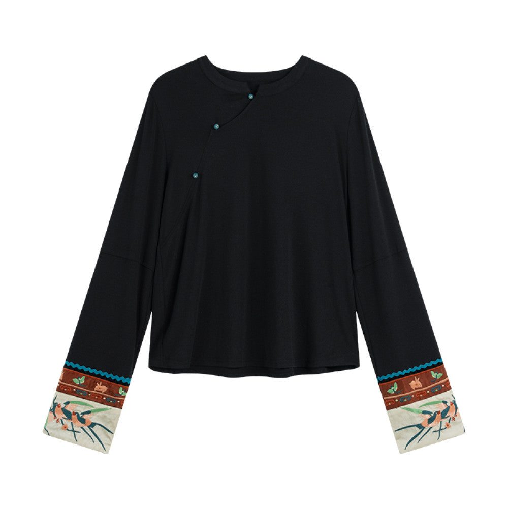 SOLO Original SOLO Guanyin Swallow Spring Loose Long Sleeve Top National Trend Embroidered T shirt image 12