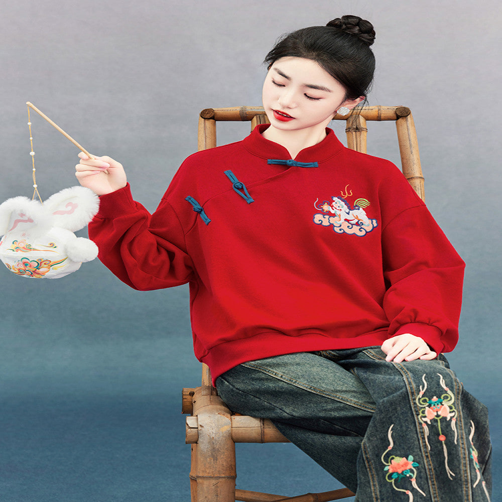 SOLO Original SOLO Spirit of Mountains and Seas Autumn New Chinese Style Embroidered Loose Stand Collar Sweatshirt image 1