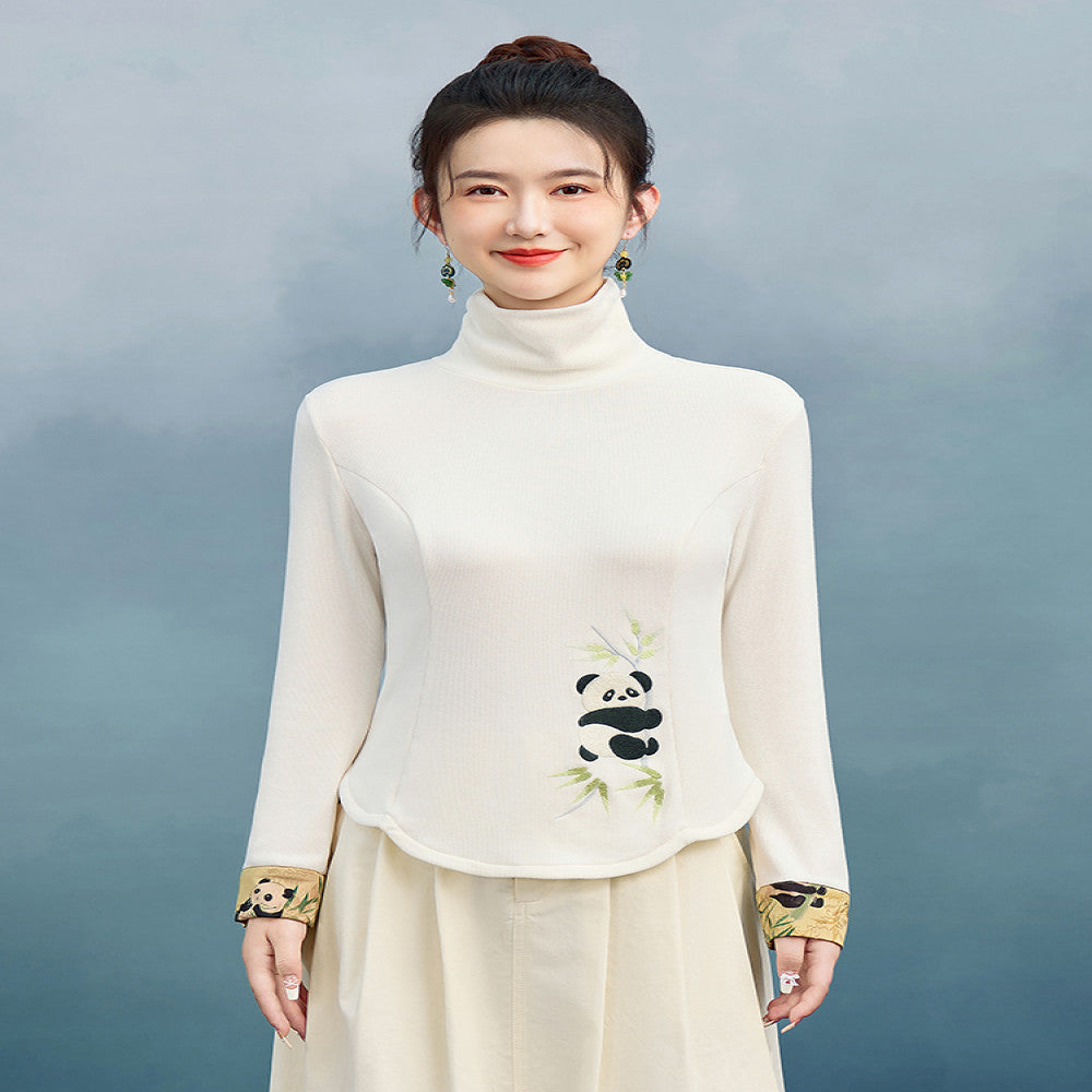Su Luo original Panda Series Shushan Auspicious autumn and winter embroidered slim knitted bottoming T shirt image 2