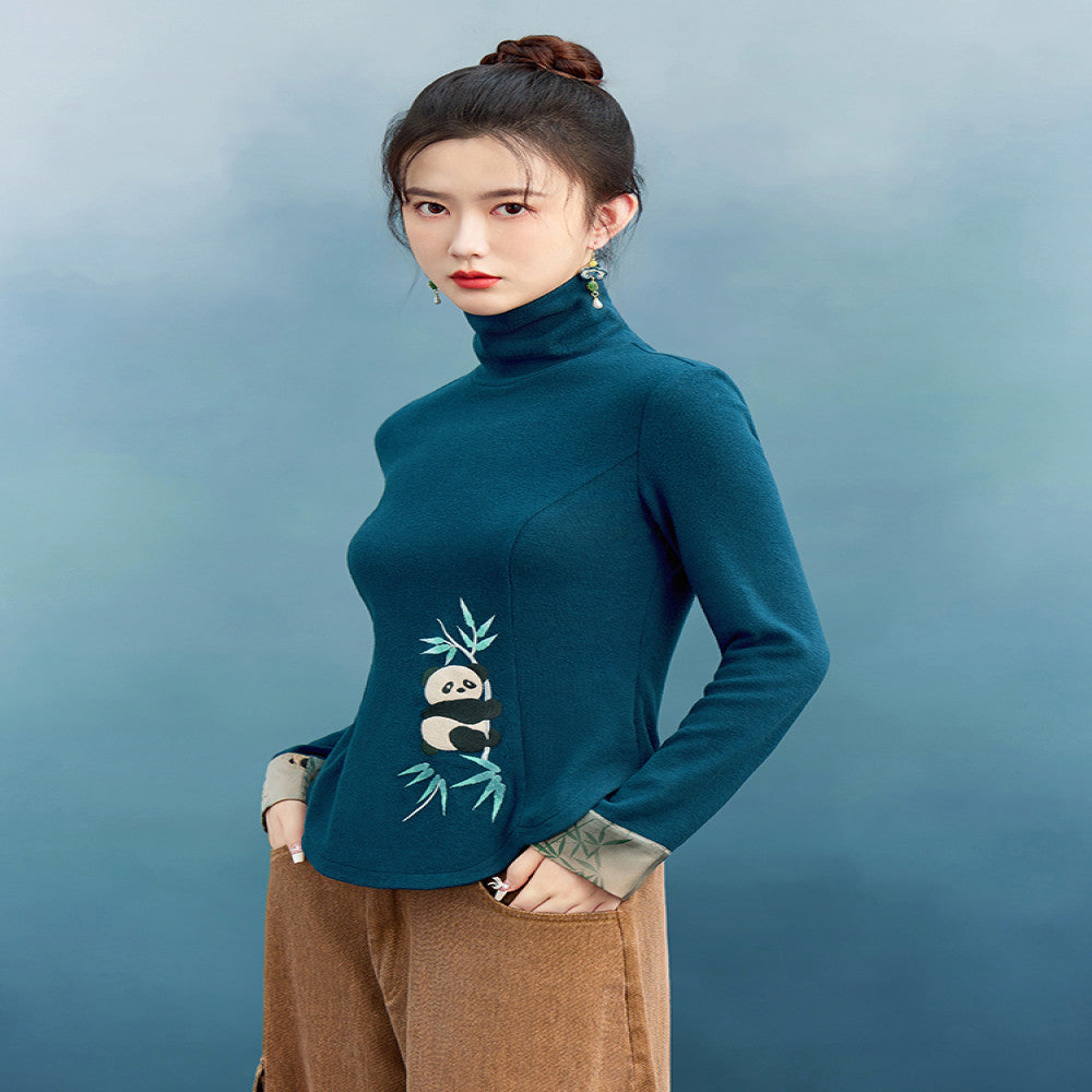 Su Luo original Panda Series Shushan Auspicious autumn and winter embroidered slim knitted bottoming T shirt image 3