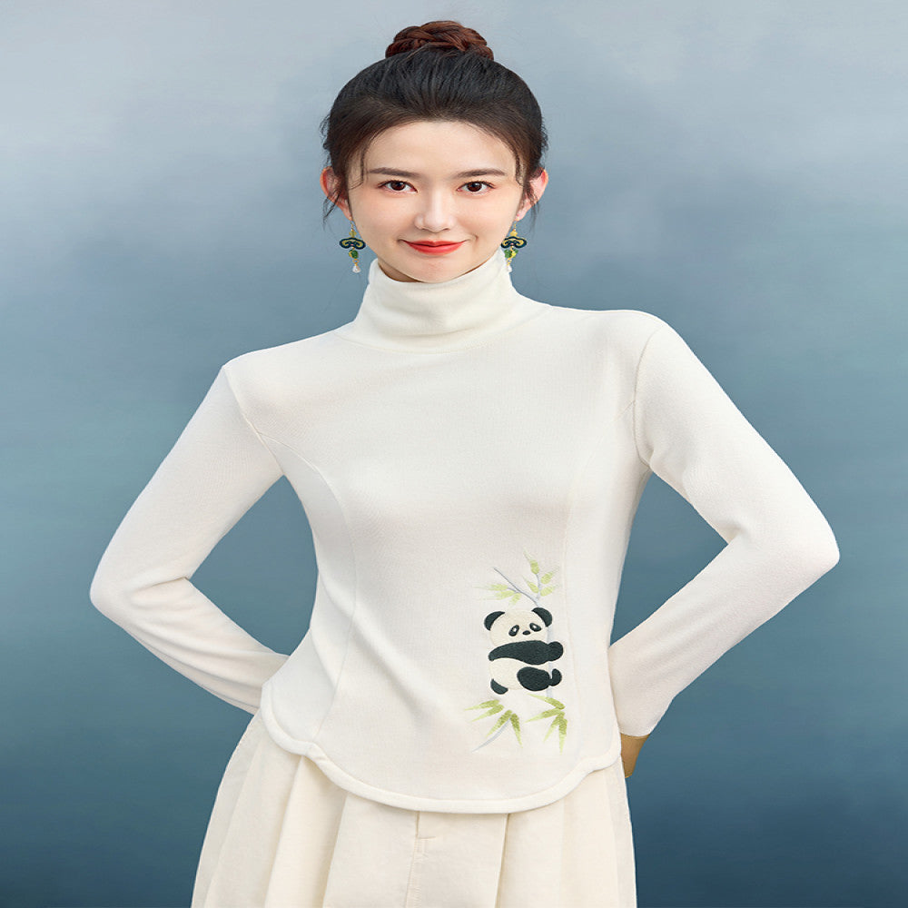 Su Luo original Panda Series Shushan Auspicious autumn and winter embroidered slim knitted bottoming T shirt image 4