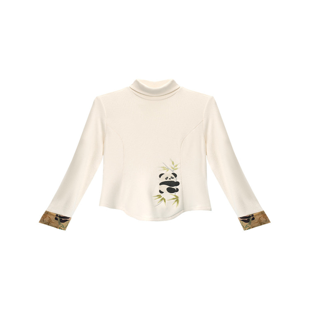 Su Luo original Panda Series Shushan Auspicious autumn and winter embroidered slim knitted bottoming T shirt image 5