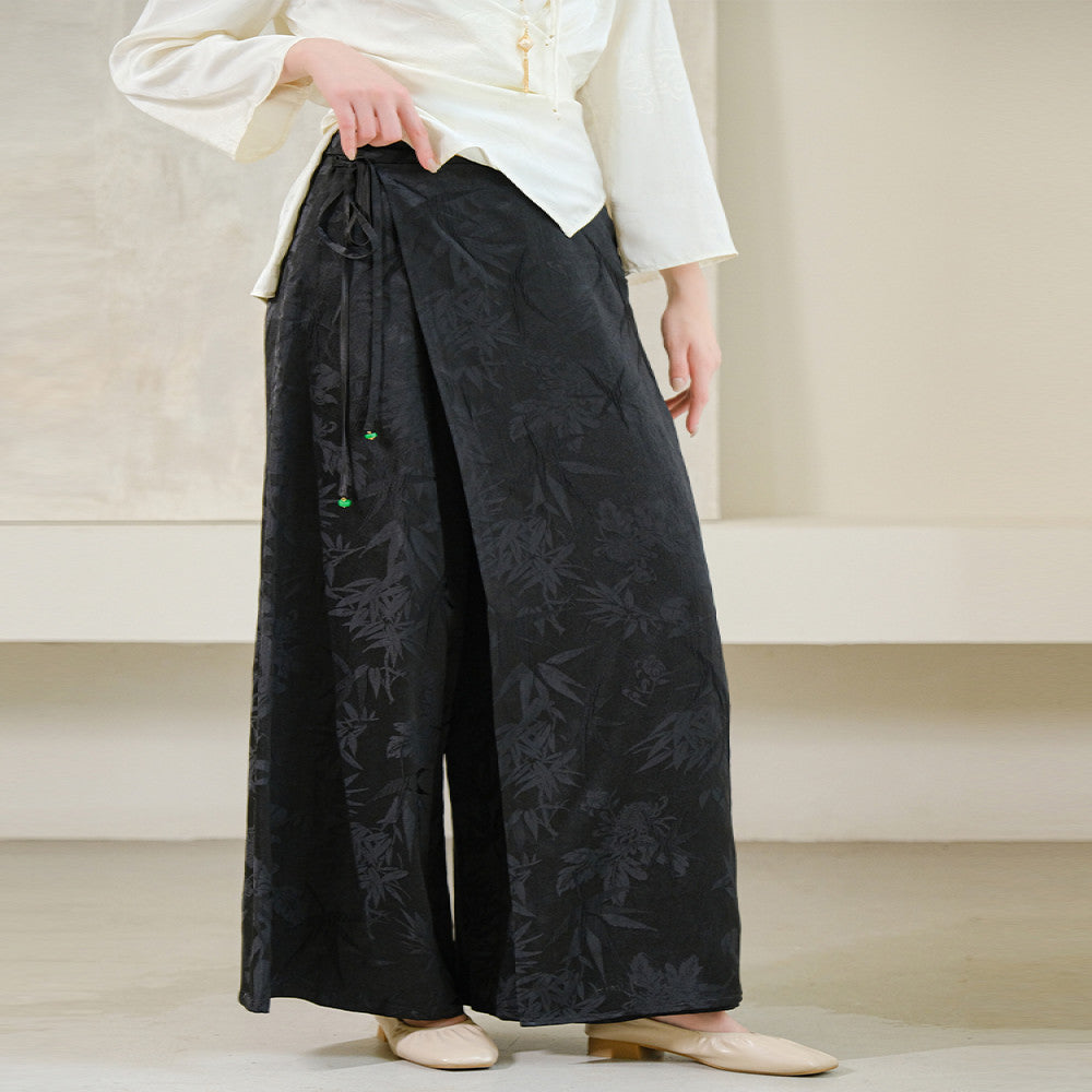 Shanyousei original homemade Zen new Chinese bamboo leaf skirt pants black versatile wide leg pants loose slim pants image 1