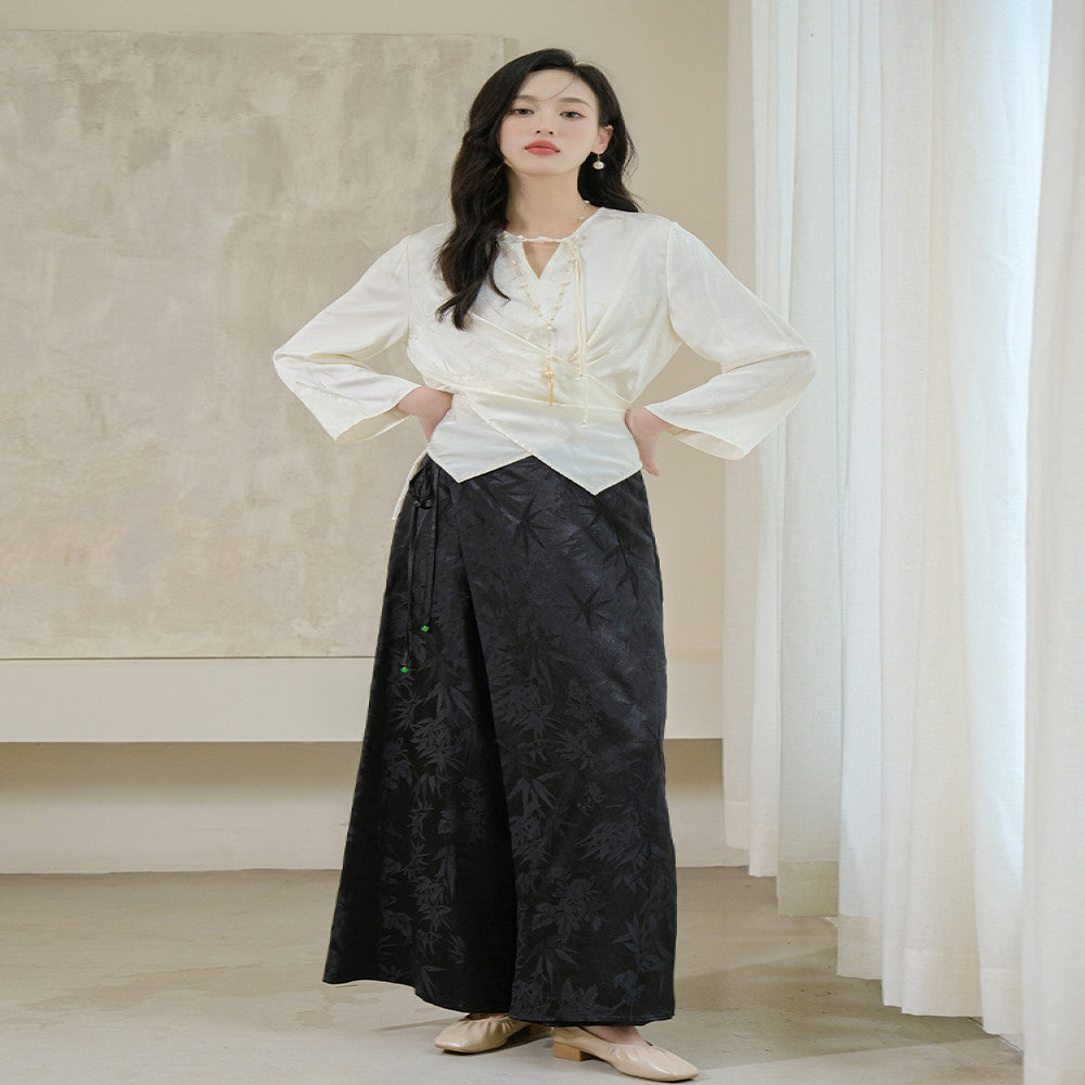 Shanyousei original homemade Zen new Chinese bamboo leaf skirt pants black versatile wide leg pants loose slim pants image 3