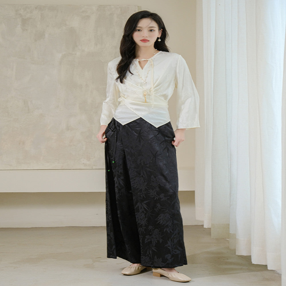 Shanyousei original homemade Zen new Chinese bamboo leaf skirt pants black versatile wide leg pants loose slim pants image 4