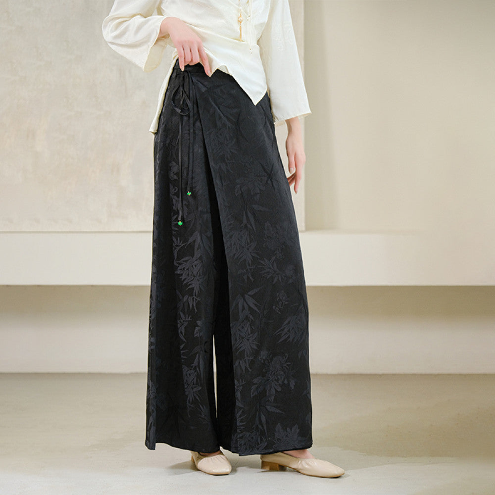 Shanyousei original homemade Zen new Chinese bamboo leaf skirt pants black versatile wide leg pants loose slim pants image 8