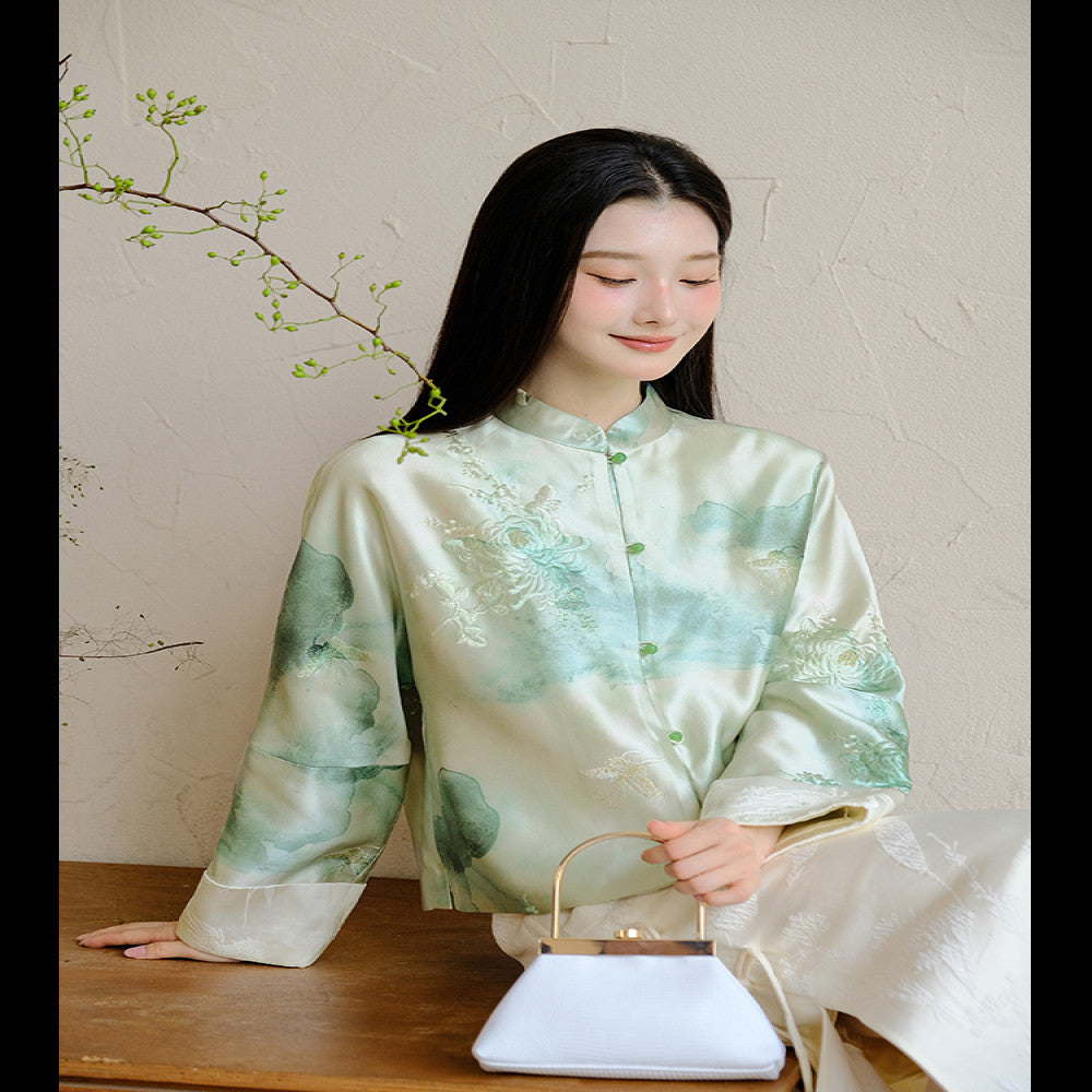 Shanyouse 2025 autumn new style new Chinese style chrysanthemum embroidery watercolor print jacket loose simple top image 1