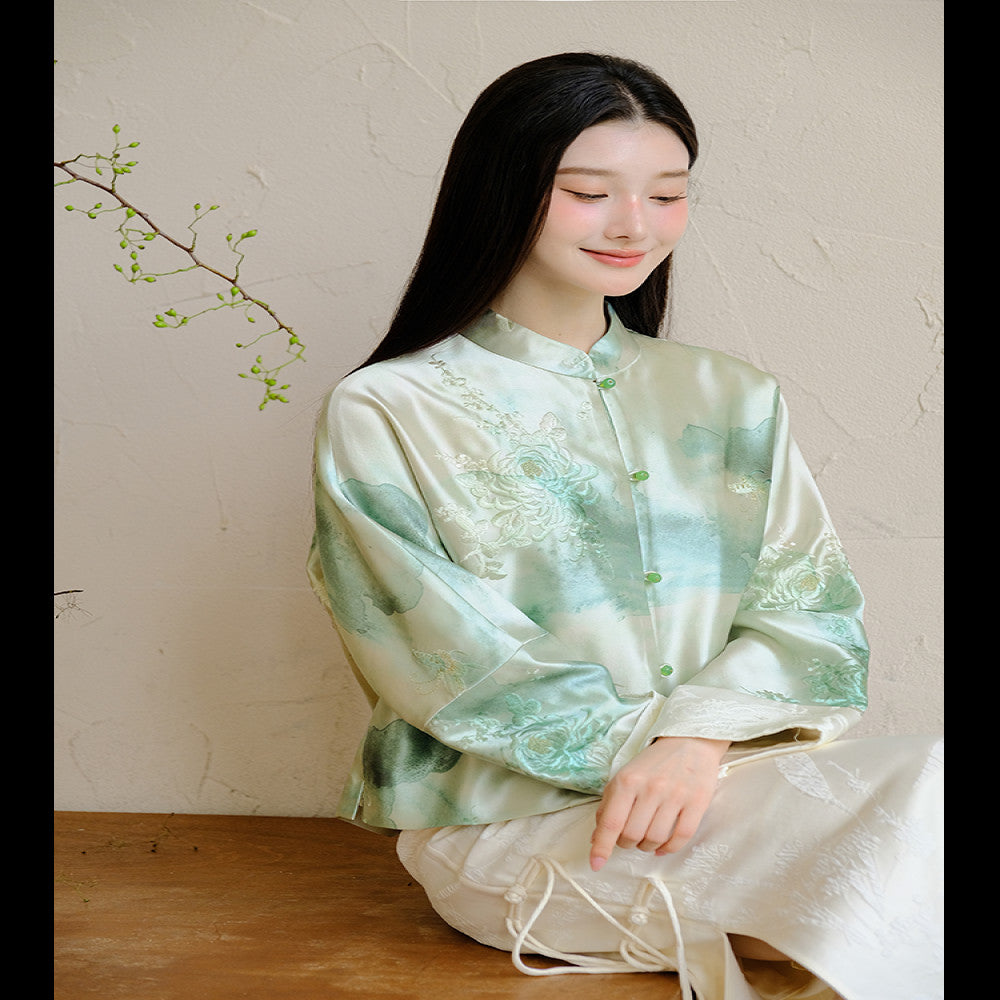 Shanyouse 2025 autumn new style new Chinese style chrysanthemum embroidery watercolor print jacket loose simple top image 2