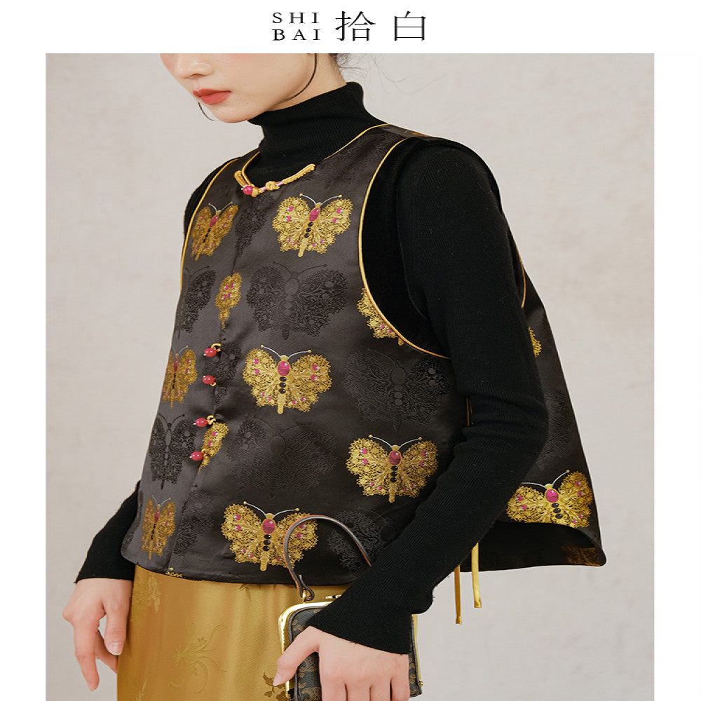 SHIBAI Shibai new Chinese vest autumn and winter original design national style women s clothing black and gold butterfly button improved top image 5