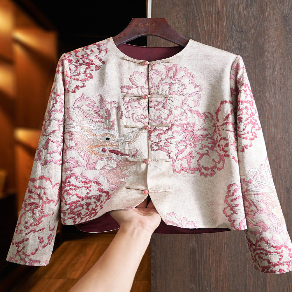 Pink Premium Acetic Acid New Chinese Women s Short Coat 2025 New Heavy Industry China Chic Embroidery Panbuckle Top image 0