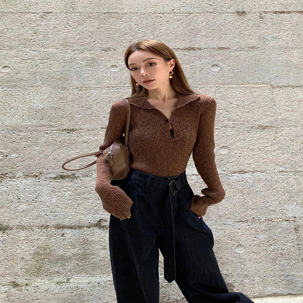 SMOL vintage chestnut brown V neck hollow knit sweater for women in autumn and winter slim fit and slimming temperament long sleeved top image 8