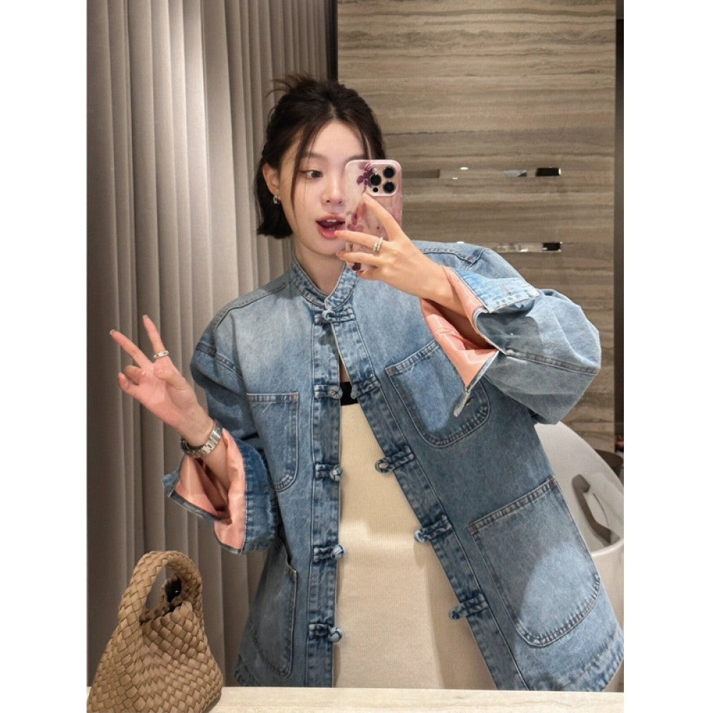 New Chinese style denim jacket women s early spring 2025 new design niche retro buttoned Chinese style shirt top image 6