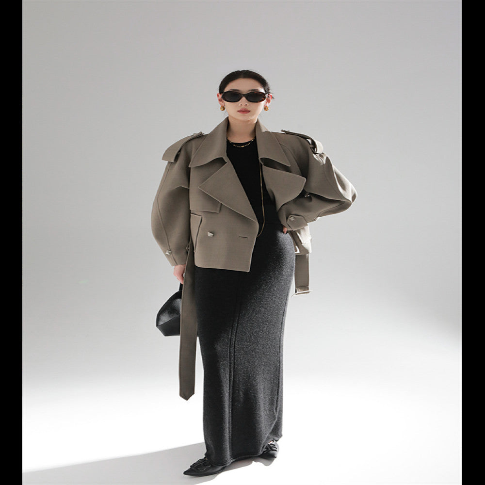 PIAOIN European and American metal rivet design high waist long windbreaker women s loose commuting autumn and winter windbreaker jacket new style image 4