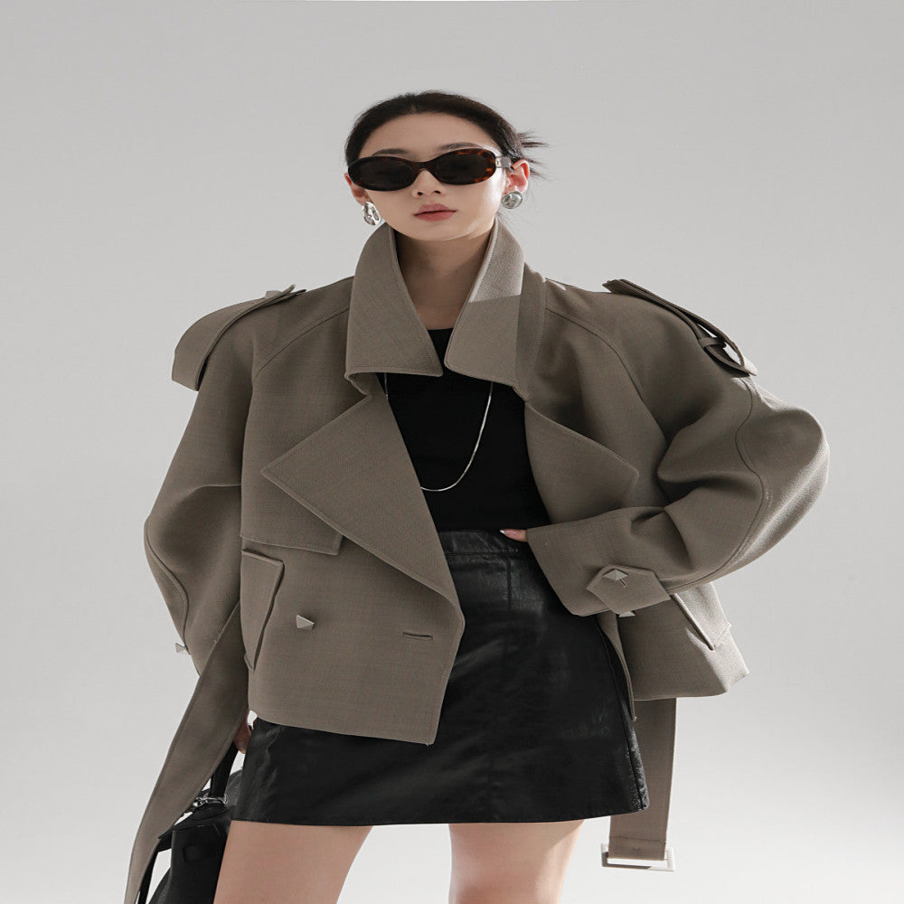 PIAOIN European and American metal rivet design high waist long windbreaker women s loose commuting autumn and winter windbreaker jacket new style image 8