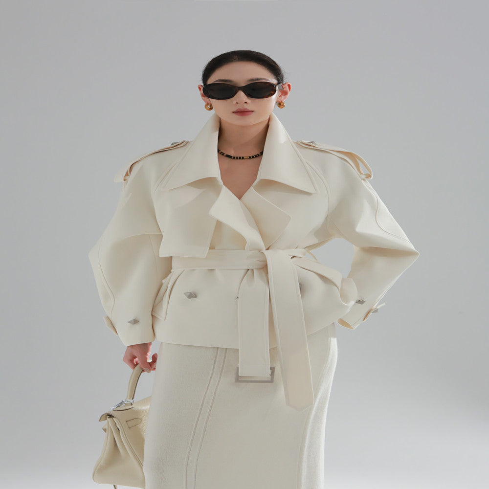 PIAOIN European and American metal rivet design high waist long windbreaker women s loose commuting autumn and winter windbreaker jacket new style image 12