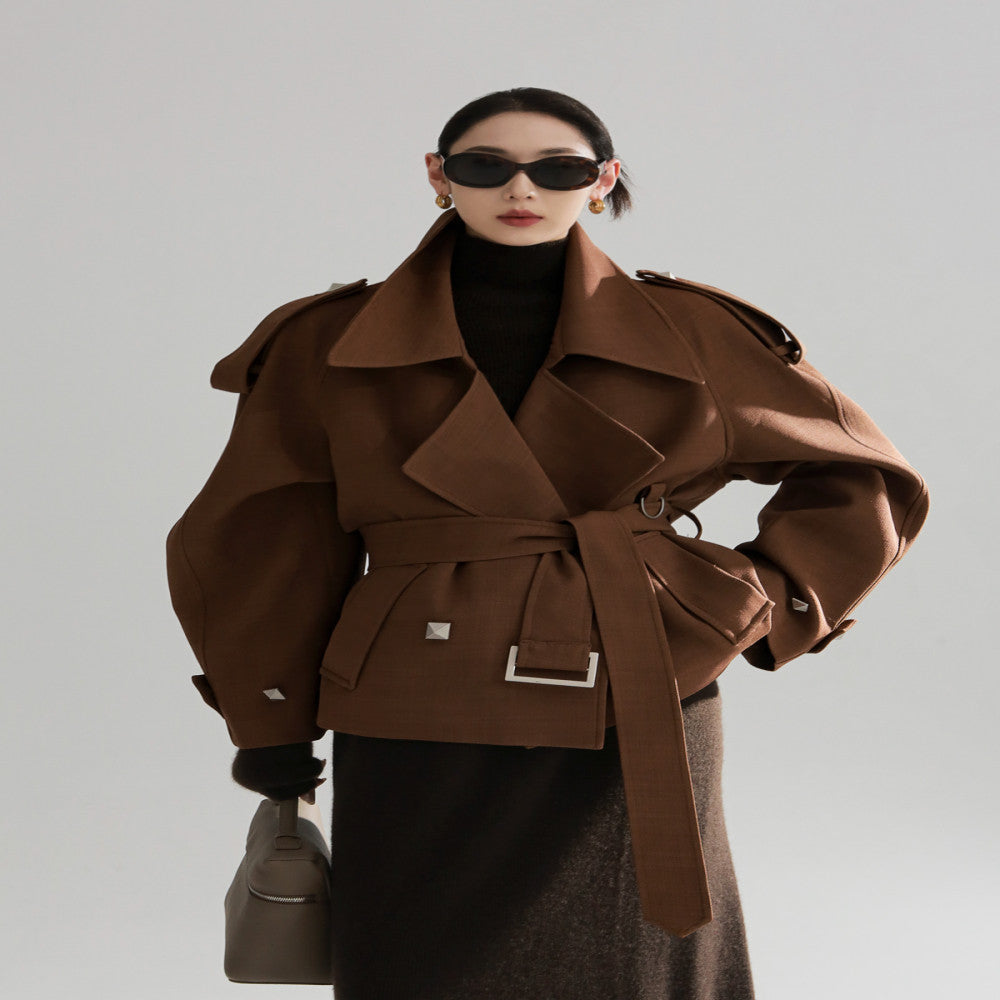 PIAOIN European and American metal rivet design high waist long windbreaker women s loose commuting autumn and winter windbreaker jacket new style image 17