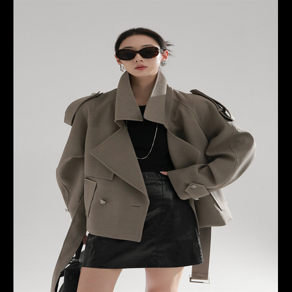 PIAOIN European and American metal rivet design high waist long windbreaker women s loose commuting autumn and winter windbreaker jacket new style image 19