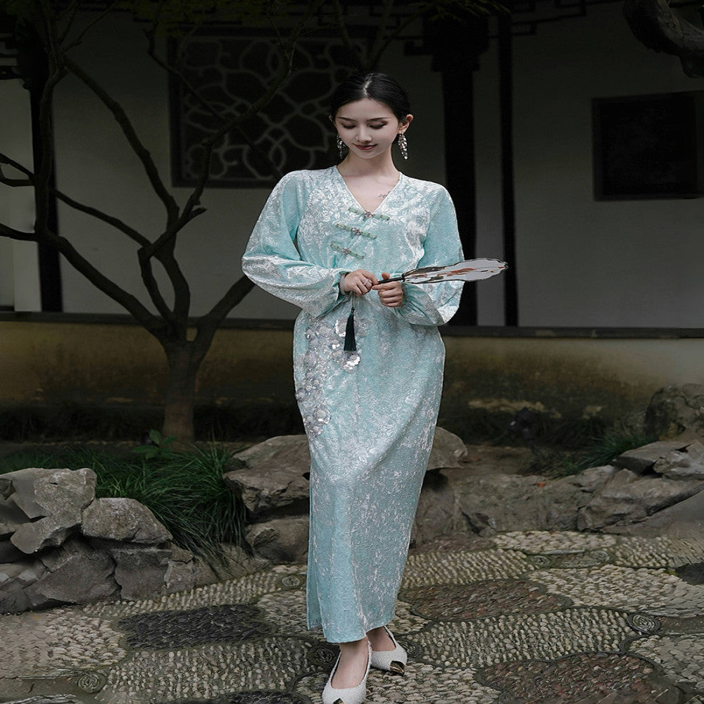 Chengyu Gaoding Shuyu New Chinese Heavy Industry Thorn Jade Green Heavy Industry Gold Velvet Pressed Flower Plate Button Dress image 20