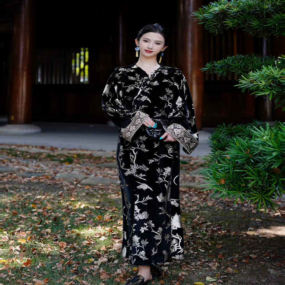 Chengyu Gaoding Obsidian Golden Hongxin Chinese Black Gold Tripod Gold Diamond Velvet Hot Stamping Two Wear Coat Dress image 14