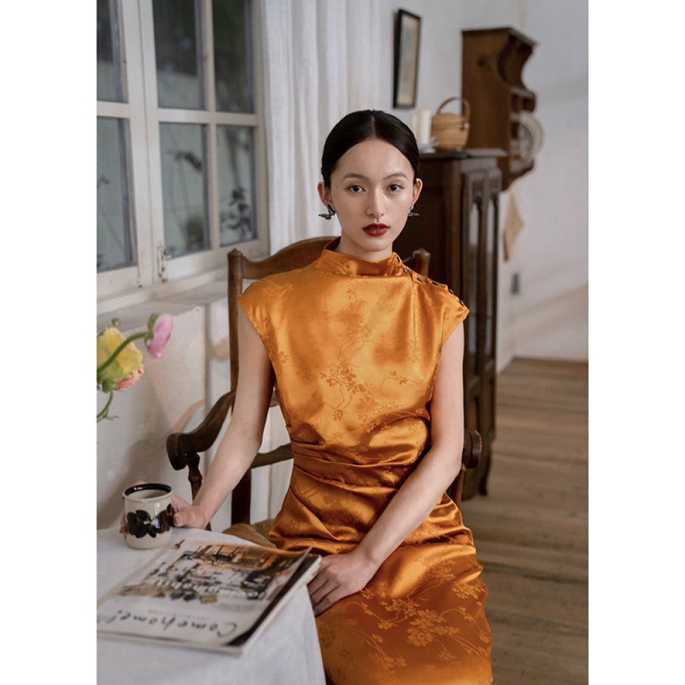 Ching s new Chinese style half high collar jacquard satin cheongsam slimming dress morning gown bride wedding toast dress image 13