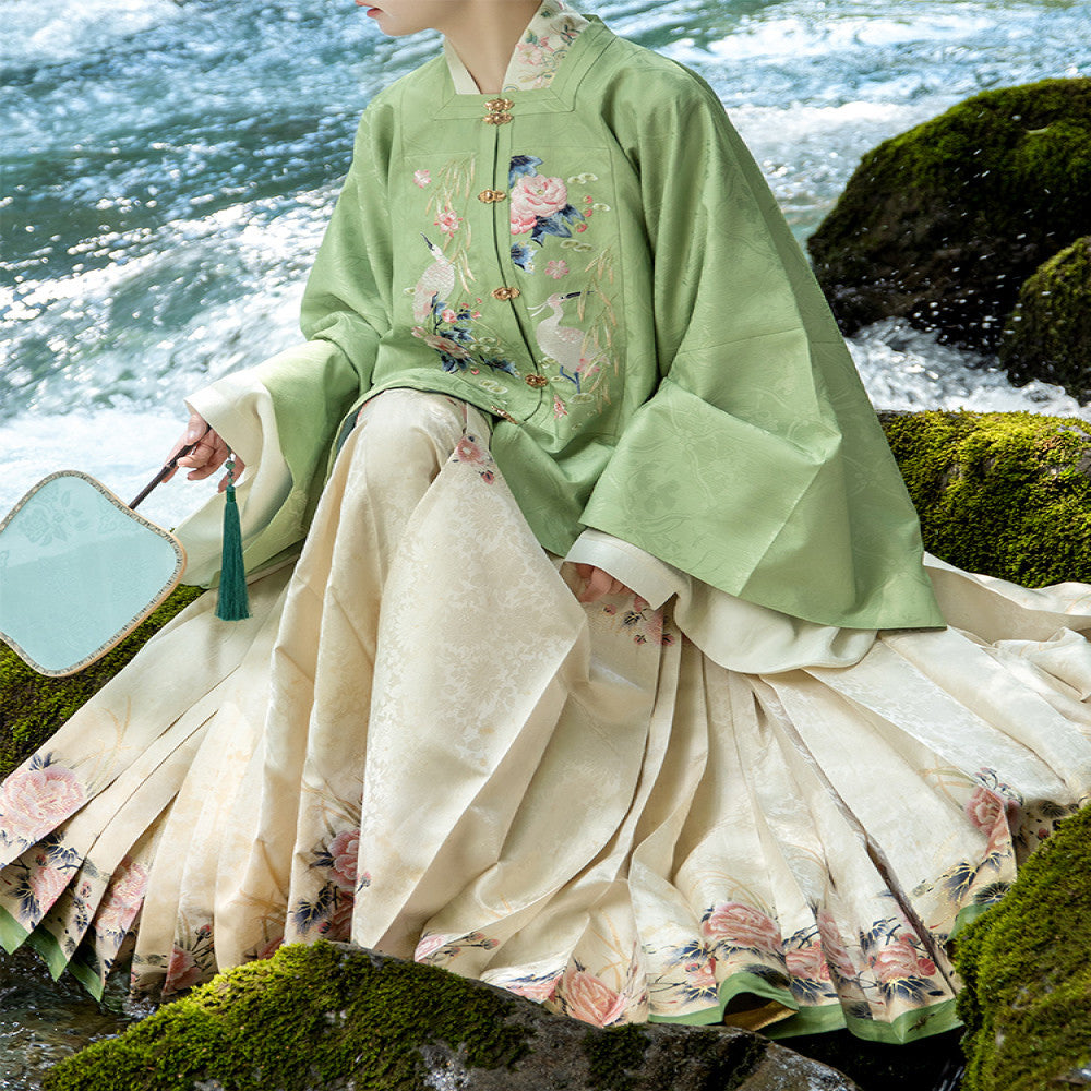 Shanggong Language Egret from Yizhou Ming Dynasty Hanfu Imitation Makeup Flower Embroidery Square Collar Double Collar Complementary Clothing Cross Collar Coat Horse Face Skirt Spring and Autumn image 14