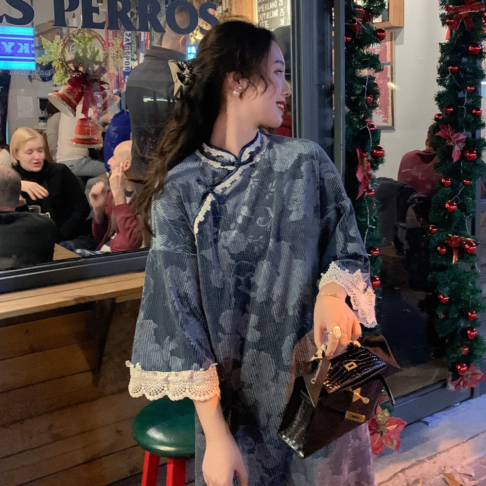 Lujin homemade French plane tree velvet autumn and winter new improved version cheongsam young girl dress image 3