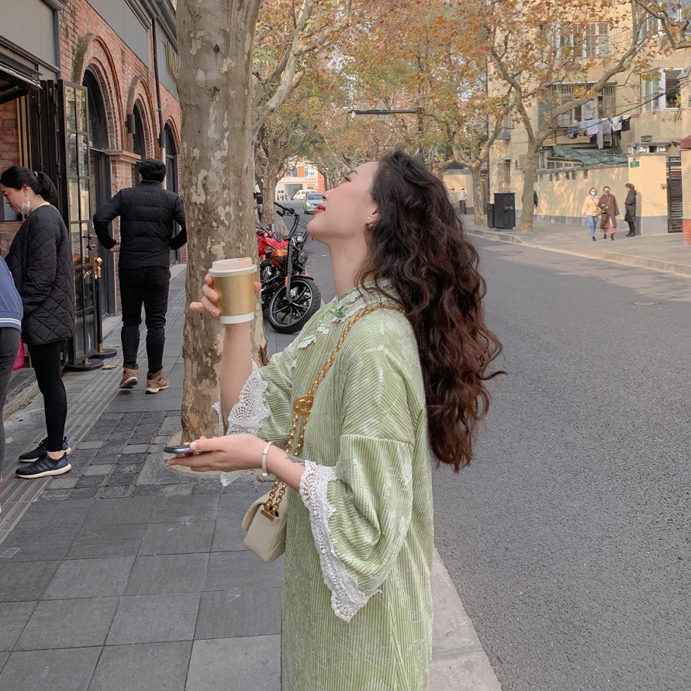 Lujin homemade French plane tree velvet autumn and winter new improved version cheongsam young girl dress image 4