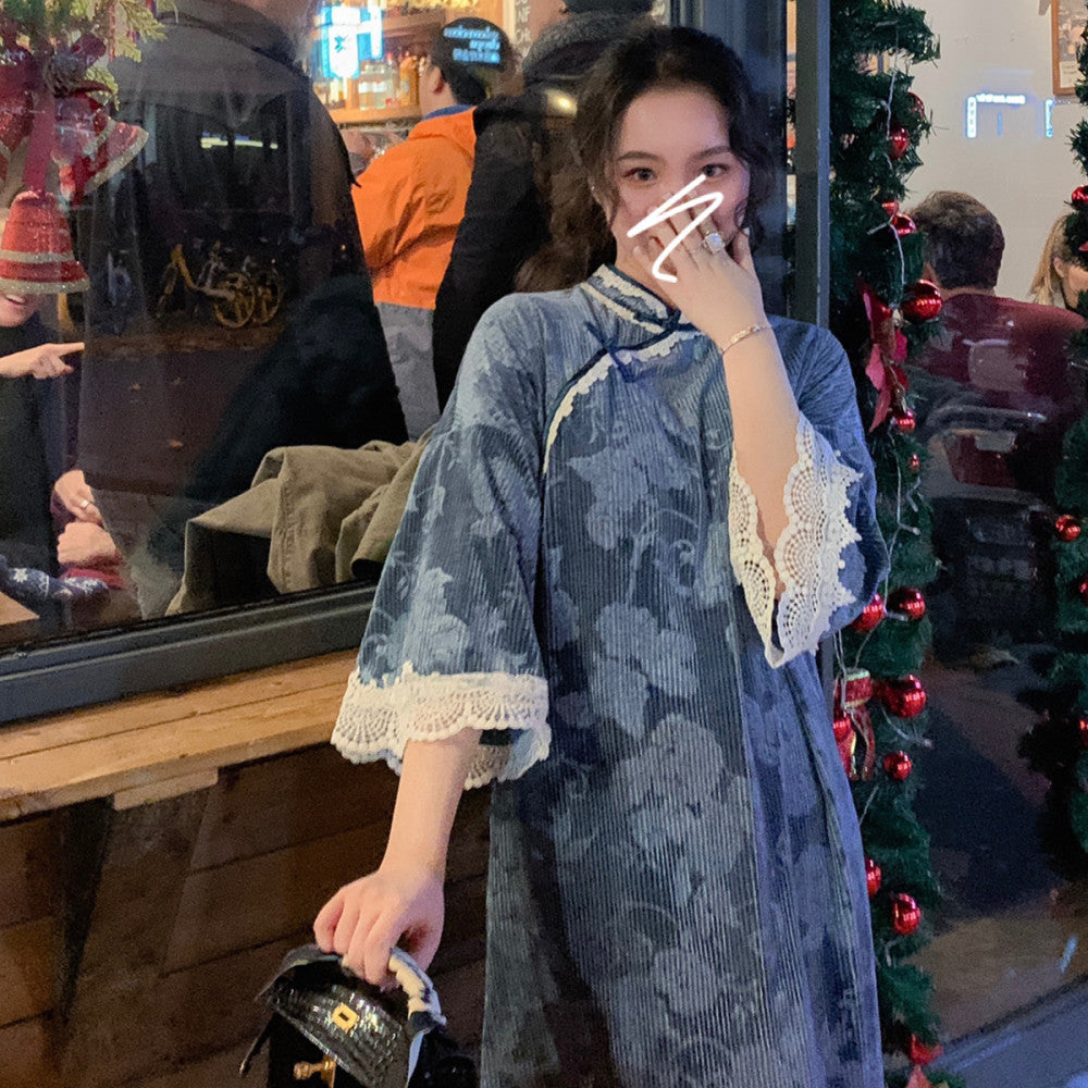 Lujin homemade French plane tree velvet autumn and winter new improved version cheongsam young girl dress image 8