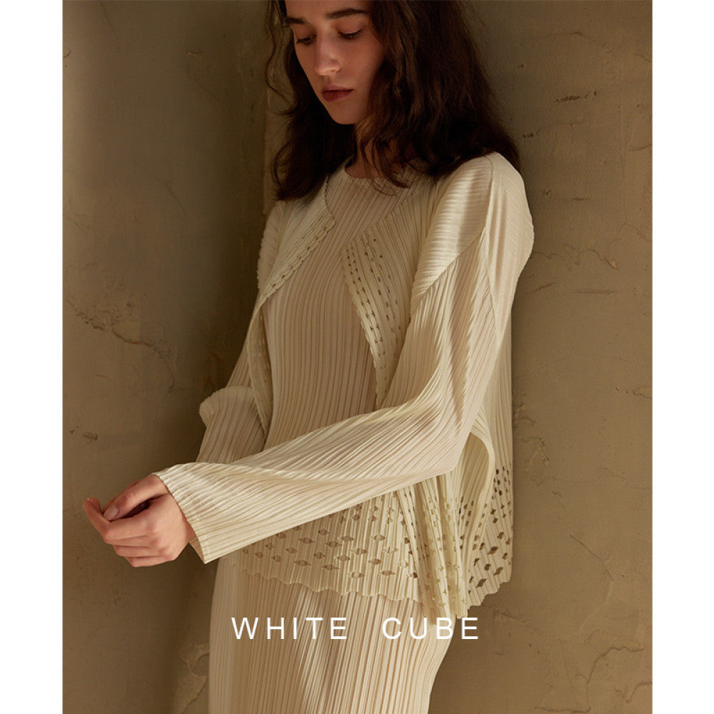 whitecube2025 spring and summer Miyake style hollow pleated cardigan short jacket loose cold women s tops image 6
