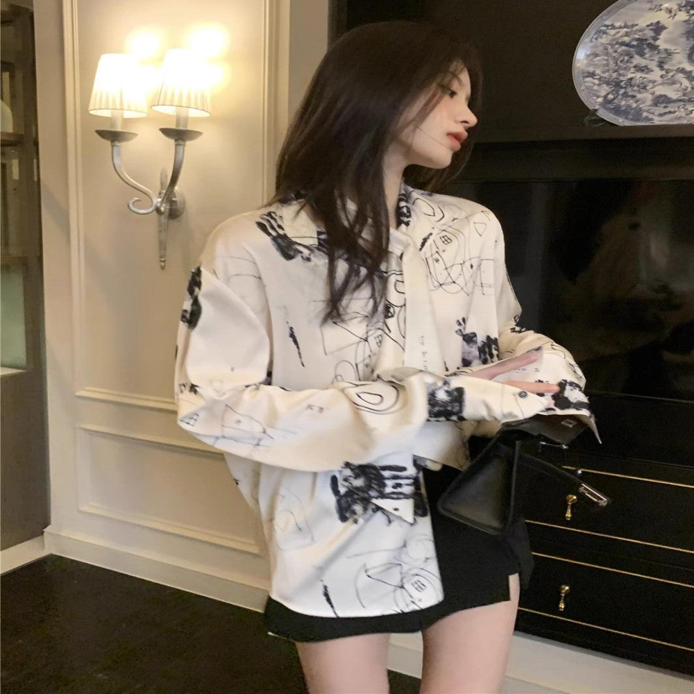 LXLILIUM temperament satin shirt women s design sense niche French printed long sleeved top for ladies edition image 2