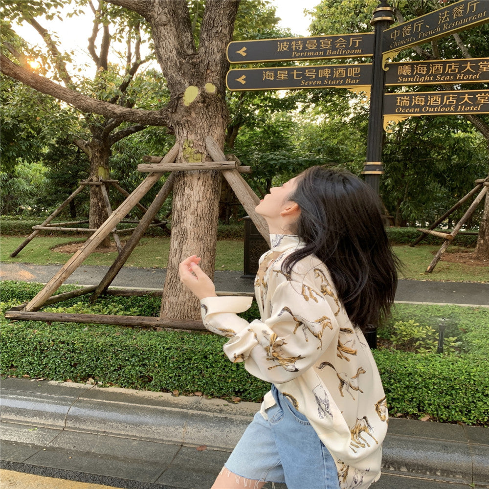 LXLILIUM temperament satin shirt women s design sense niche French printed long sleeved top for ladies edition image 3