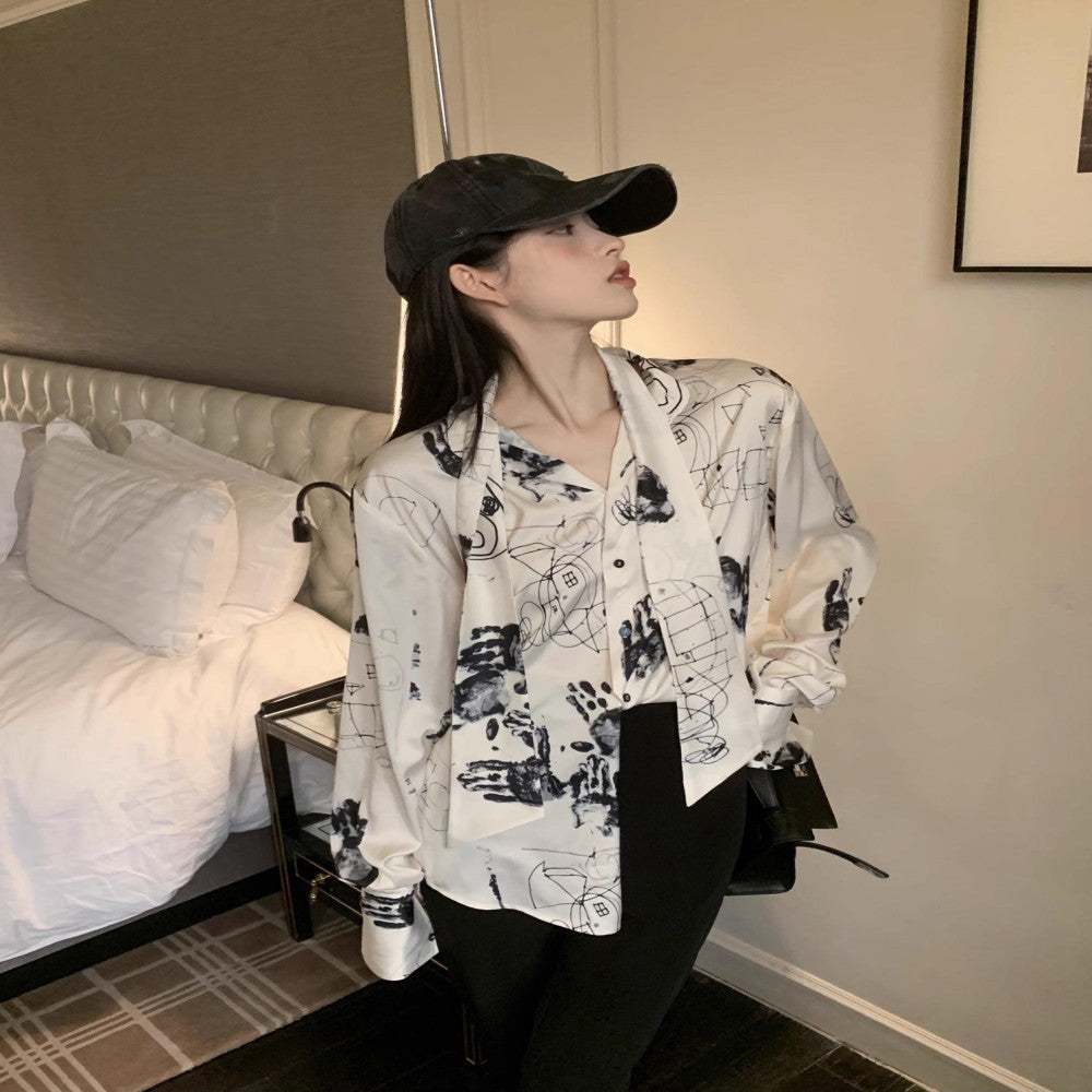 LXLILIUM temperament satin shirt women s design sense niche French printed long sleeved top for ladies edition image 4