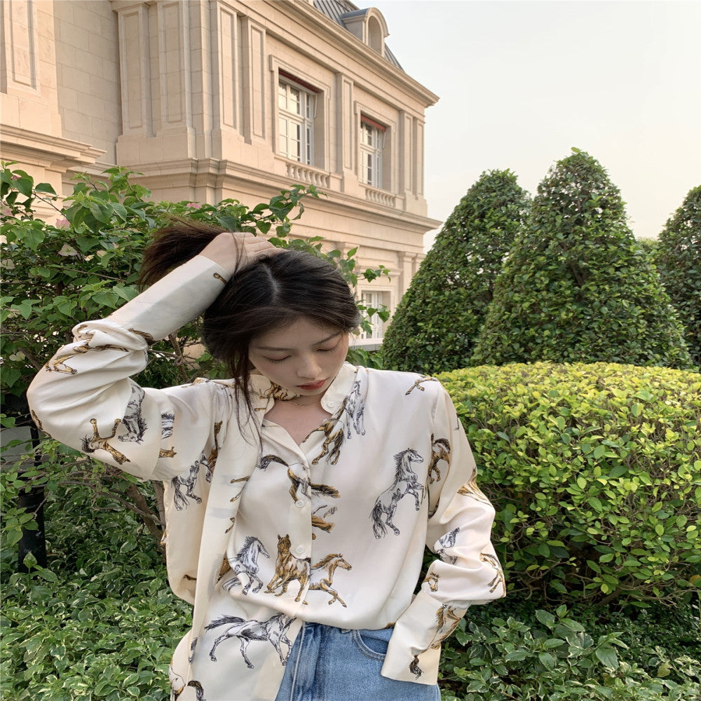 LXLILIUM temperament satin shirt women s design sense niche French printed long sleeved top for ladies edition image 5