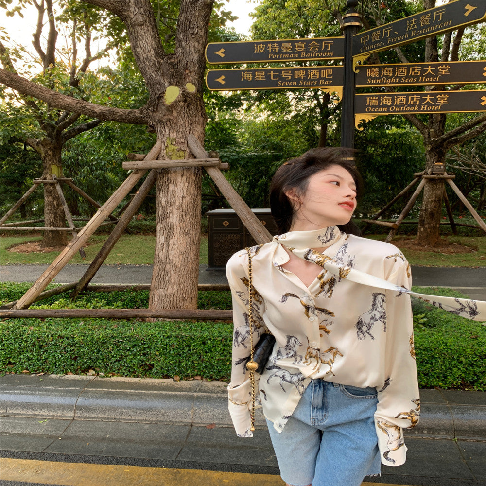 LXLILIUM temperament satin shirt women s design sense niche French printed long sleeved top for ladies edition image 6