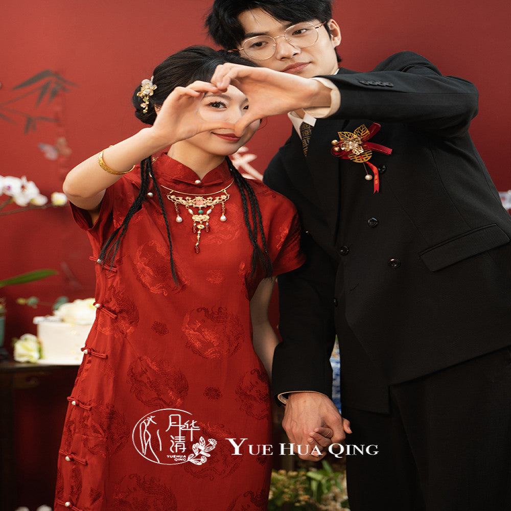 He Yue Hua Qing Frost Branch Red Cheongsam Toast Dress 2025 New Full Open Back Retro Engagement and Wedding Dress image 2