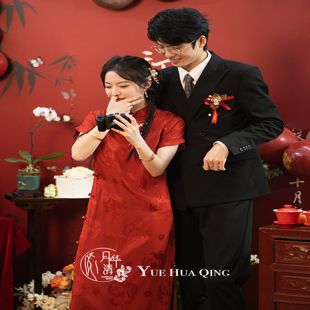 He Yue Hua Qing Frost Branch Red Cheongsam Toast Dress 2025 New Full Open Back Retro Engagement and Wedding Dress image 4