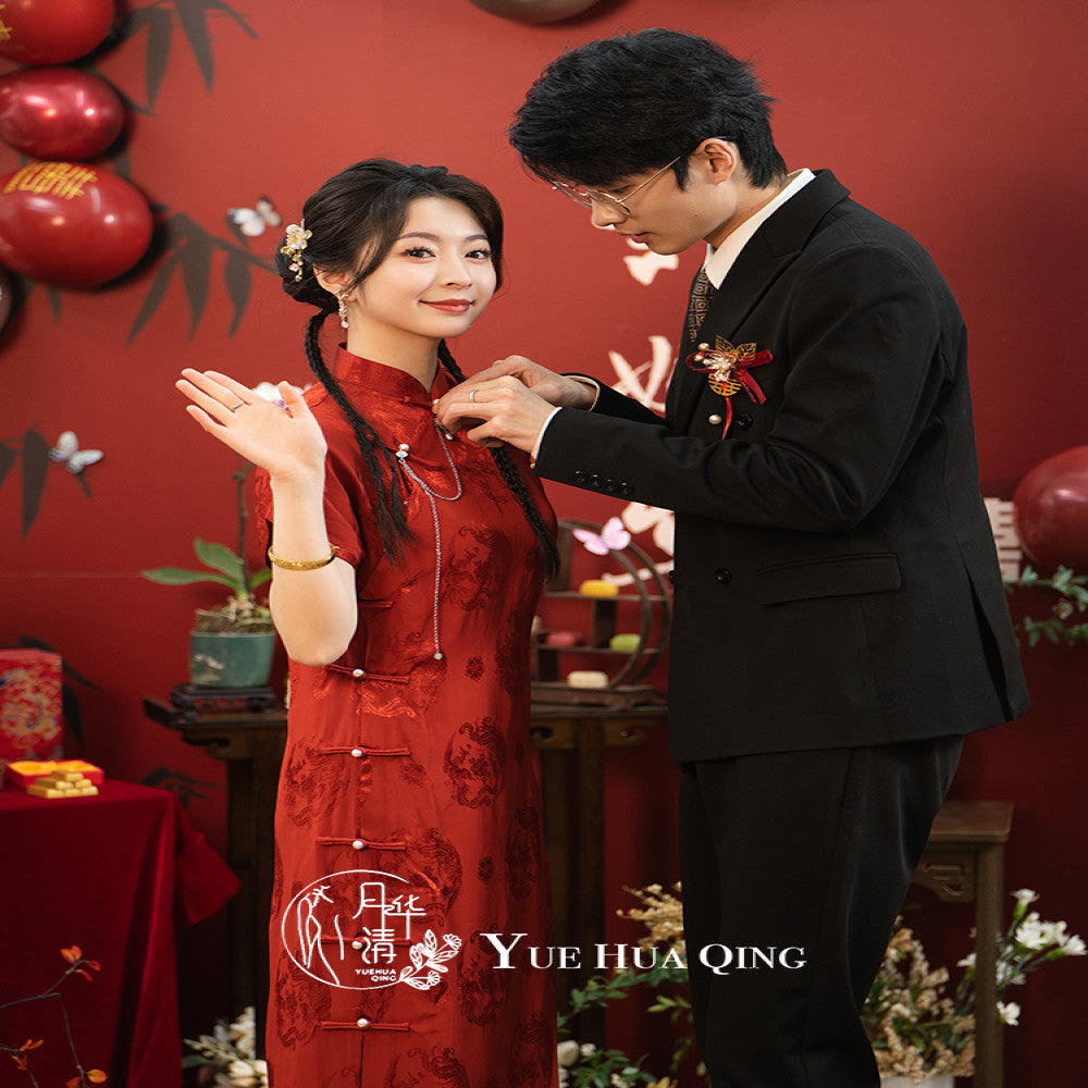 He Yue Hua Qing Frost Branch Red Cheongsam Toast Dress 2025 New Full Open Back Retro Engagement and Wedding Dress image 5