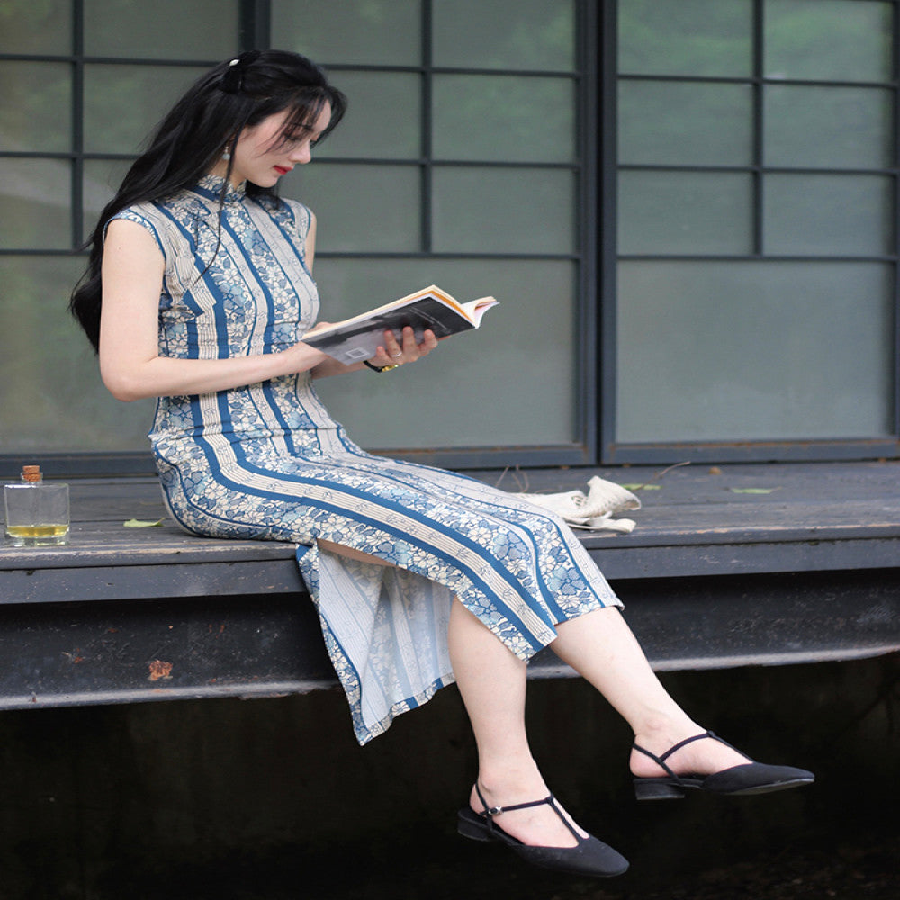 Daily wearable 2025 semi open collar mid length retro artistic silk replica printed cotton silk cheongsam skirt with floral pattern image 2