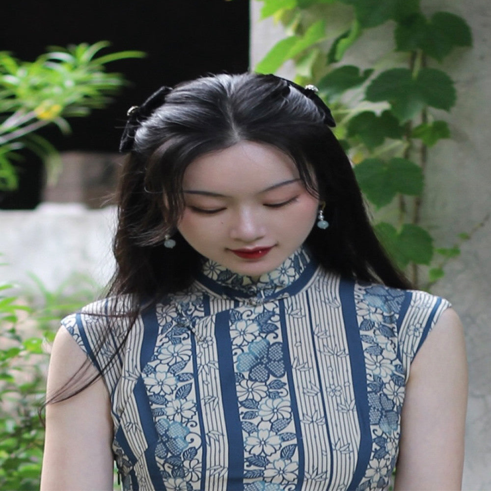 Daily wearable 2025 semi open collar mid length retro artistic silk replica printed cotton silk cheongsam skirt with floral pattern image 3