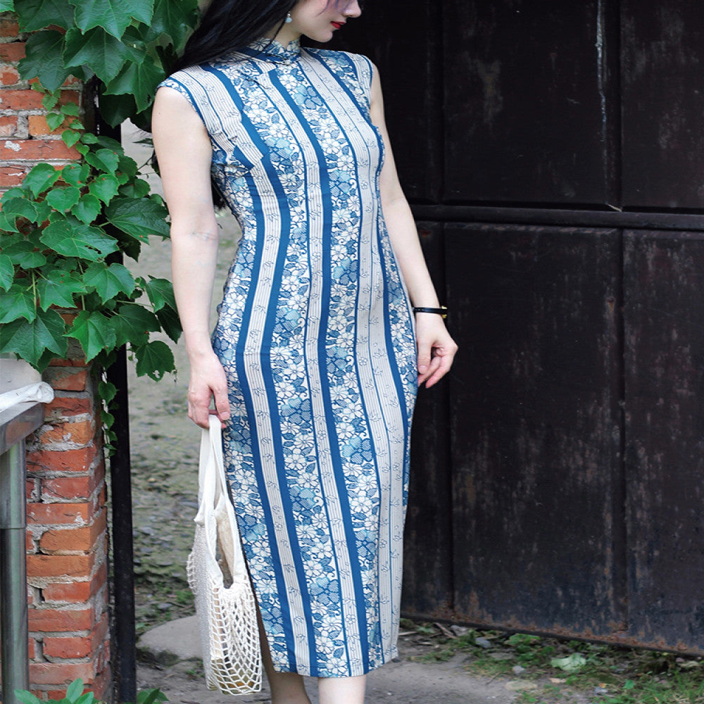 Daily wearable 2025 semi open collar mid length retro artistic silk replica printed cotton silk cheongsam skirt with floral pattern image 4