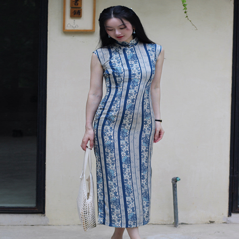 Daily wearable 2025 semi open collar mid length retro artistic silk replica printed cotton silk cheongsam skirt with floral pattern image 5