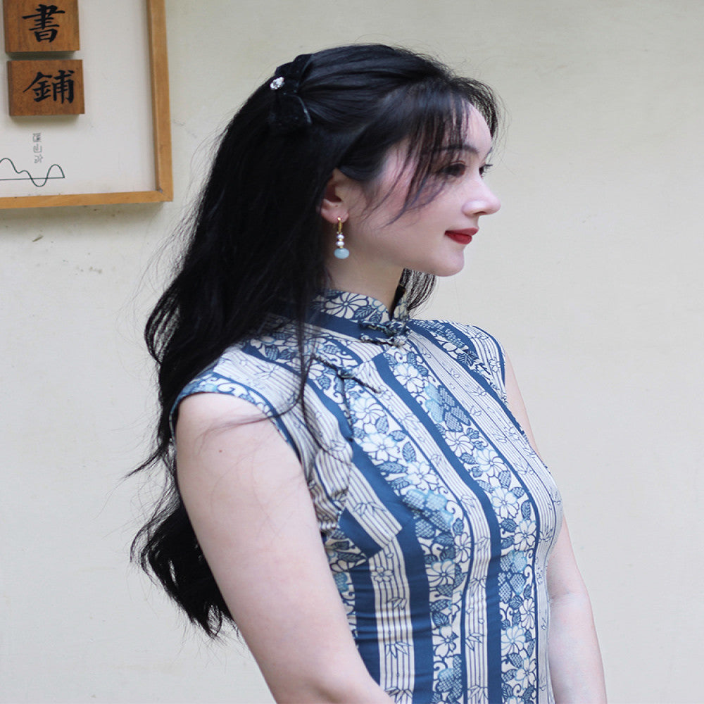 Daily wearable 2025 semi open collar mid length retro artistic silk replica printed cotton silk cheongsam skirt with floral pattern image 13