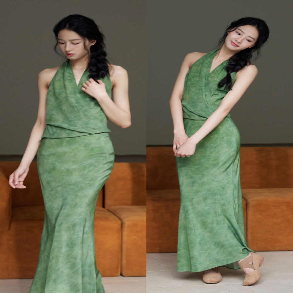 Customized silk double crepe 100 mulberry silk shawl top slanted fish tail half skirt hanging neck top image 0